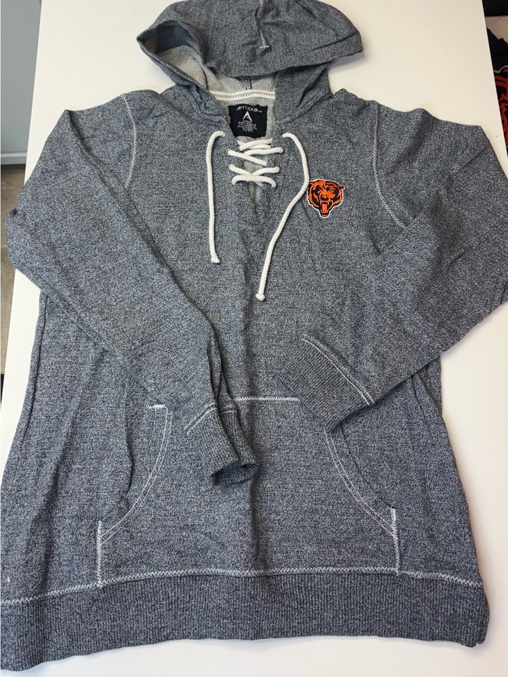 Antigua Chicago Bears Gray Hooded Lace-Up Pullover with White Drawcords